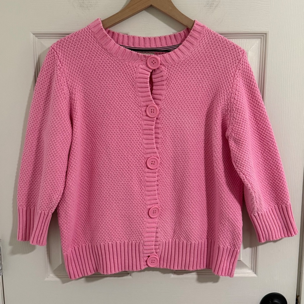 LL Bean Cardigan Sweater Women Medium Pink 100% Cotton Chunky Preppy Coastal